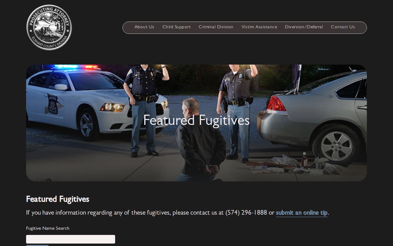Elkhart County Prosecutor Featured Fugitives program search interface without roster details
