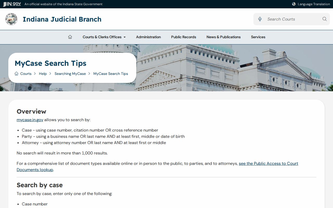 Indiana MyCase search tips for Elkhart County warrant lookup